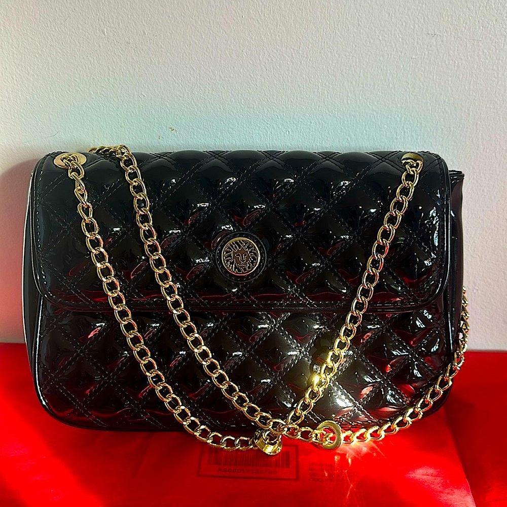 ANNE KLEIN Black Patent Leather detailed gold chain crossbody Purse